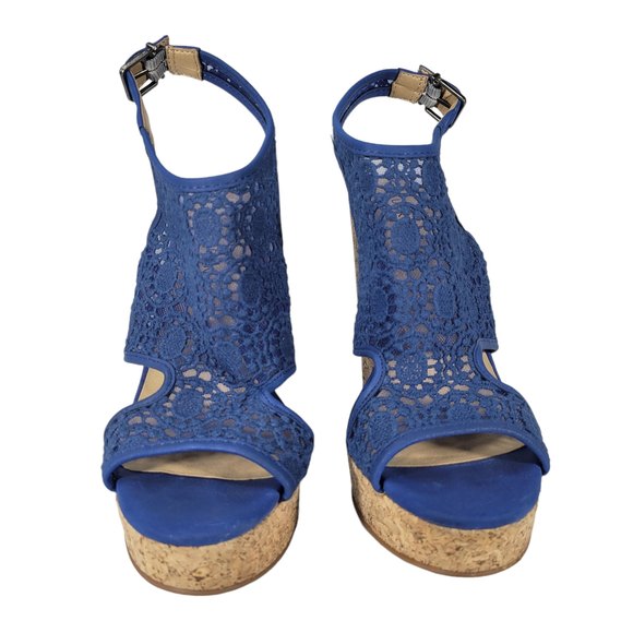 Lucky Brand RAZIAH Blue Lace Material Upper 5" inch Cork Wedge Heel Sandals 7.5M - Picture 2 of 6